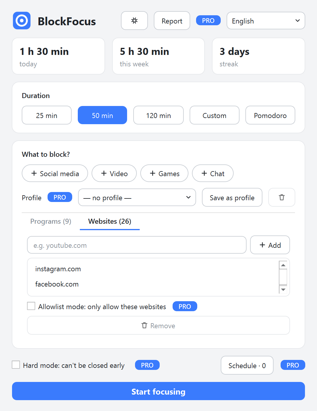 BlockFocus main window: 50-minute session selected, ready-made lists for social media, video, games and chat, and today's focus statistics
