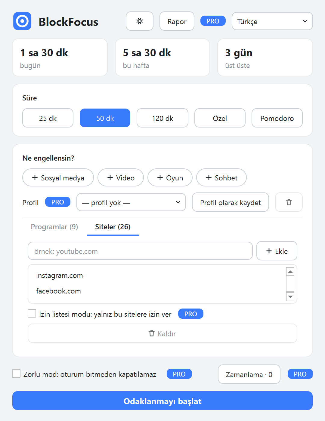 BlockFocus ana penceresi: 50 dakikalık oturum seçili, sosyal medya, video, oyun ve sohbet için hazır listeler ve bugünkü odak istatistiği