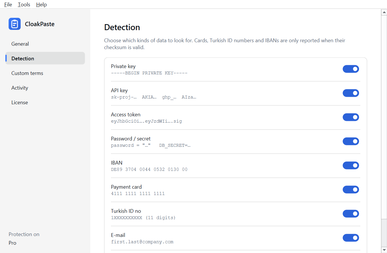 Settings: the list where you choose which data types to look for, plus pause and start-with-Windows options