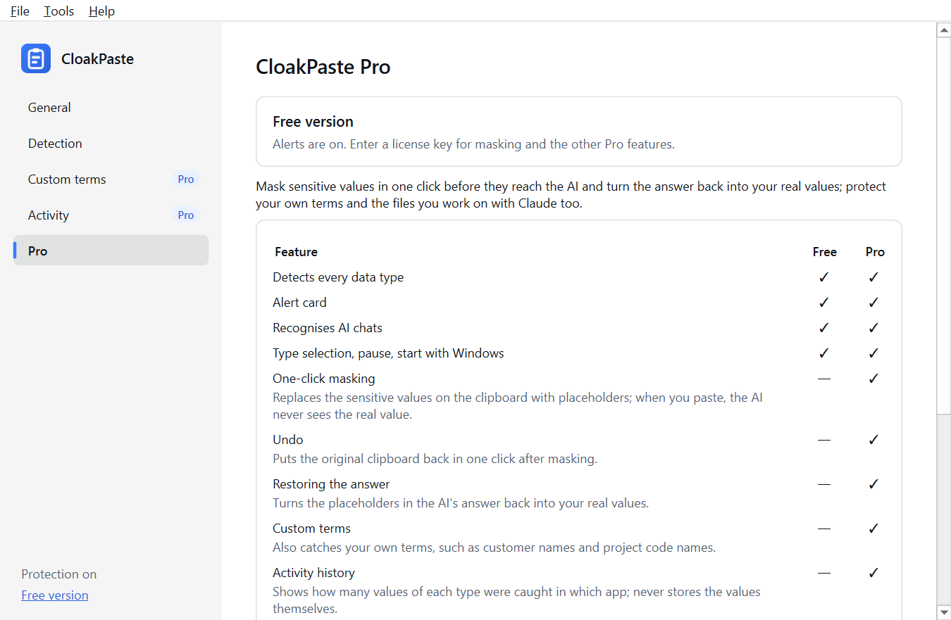 The Pro page in the app: free vs Pro comparison, price and refund terms
