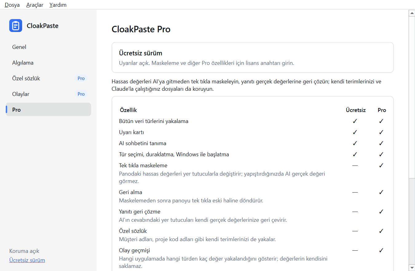 Programdaki Pro sayfası: ücretsiz ve Pro karşılaştırması, fiyat ve iade koşulu