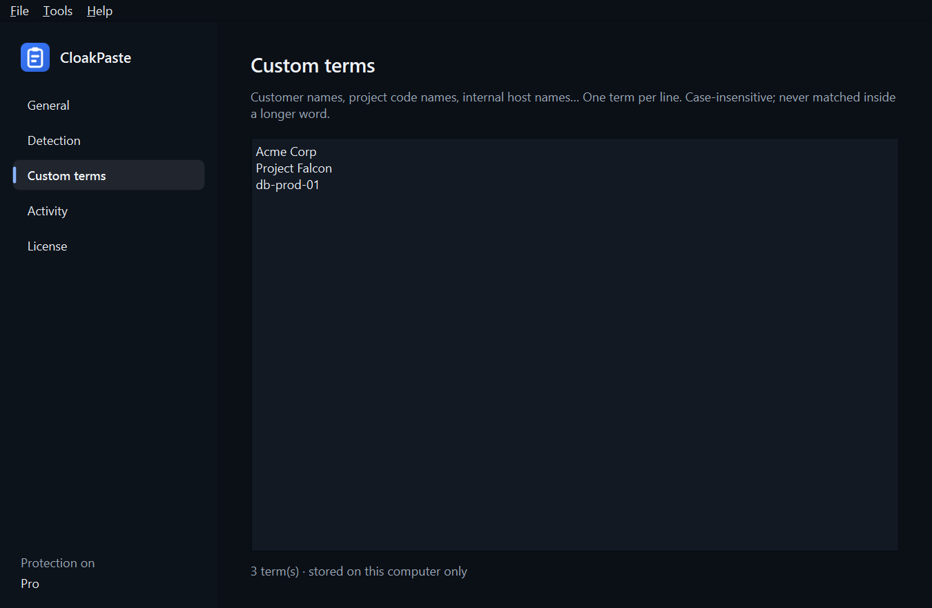Custom terms (Pro) in dark theme: your own words such as customer names and project code names