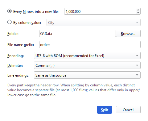 Split (Pro): by number of rows or by column value, with encoding and delimiter.