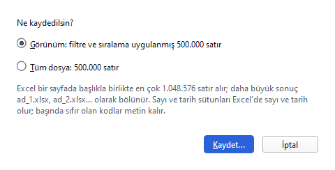 Excel'e aktar (Pro): görünüm ya da bütün dosya seçimi.