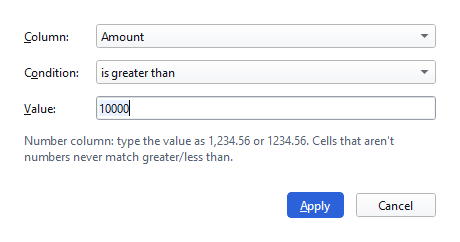 Filter window: the Amount column, a 