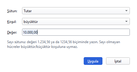 Filtre penceresi: Tutar sütunu, 