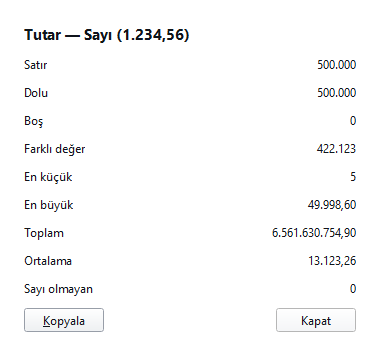 Sütun istatistiği: satır, dolu, boş, farklı değer, en küçük, en büyük, toplam ve ortalama.