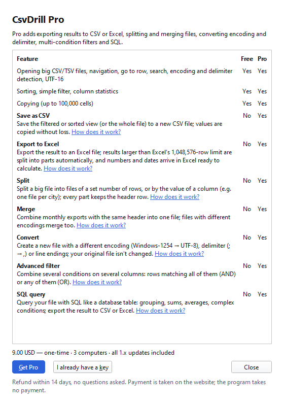 Pro page: Free/Pro comparison, one-time price and the Get Pro button.