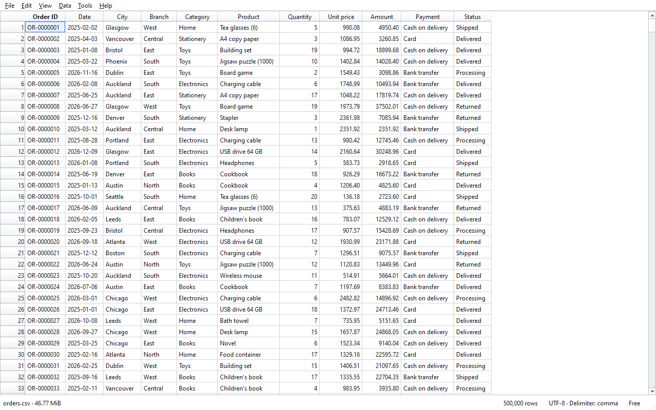A 500,000-row orders file open in CsvDrill; the status bar shows the row count, encoding and delimiter.