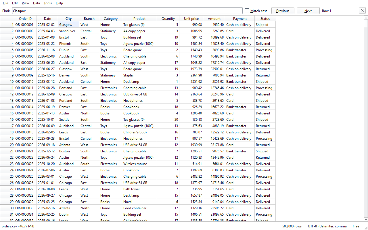 A city name in the search bar and the row found in the whole file.