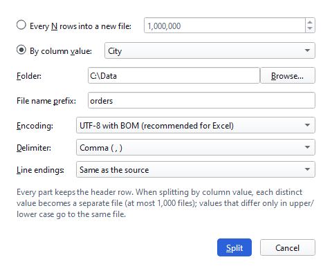Split file window (Pro): splitting by the value of the City column.