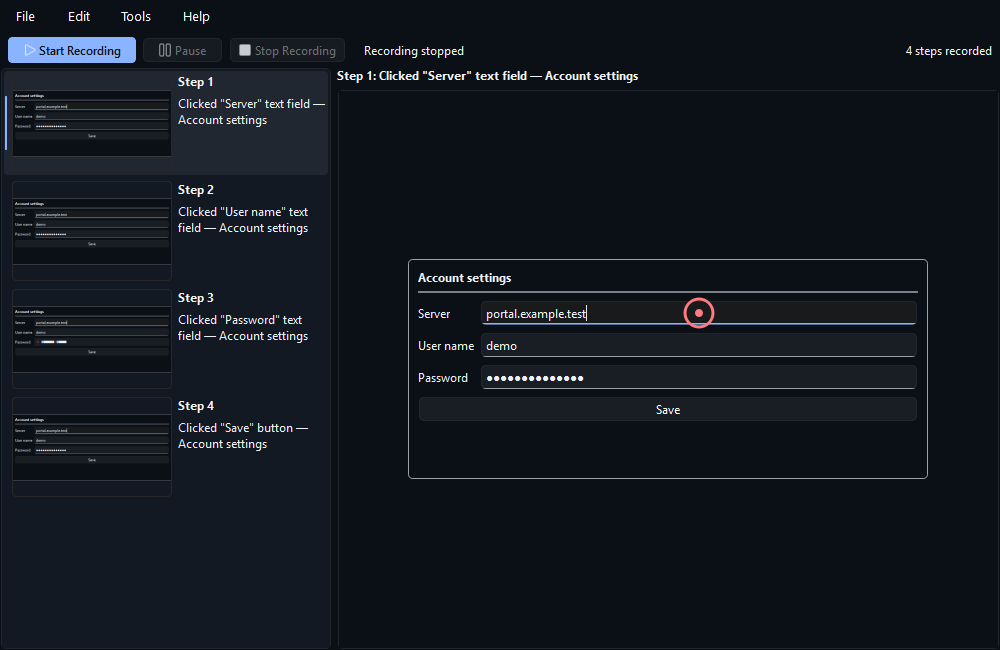 Main window in dark theme: step list on the left, large preview with the clicked point marked.