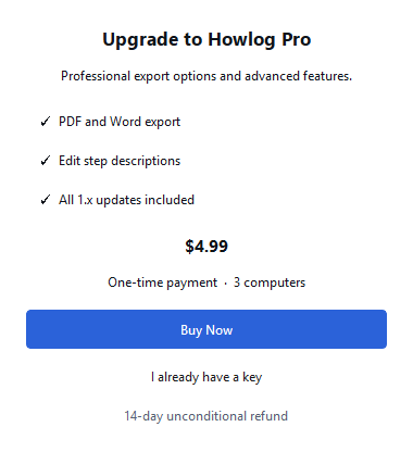 The Pro window: PDF and Word export, step text editing, the one-time price and the buy button.
