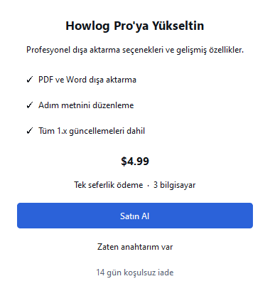 Pro penceresi: PDF ve Word aktarma, adım metni düzenleme, tek seferlik fiyat ve satın alma düğmesi.