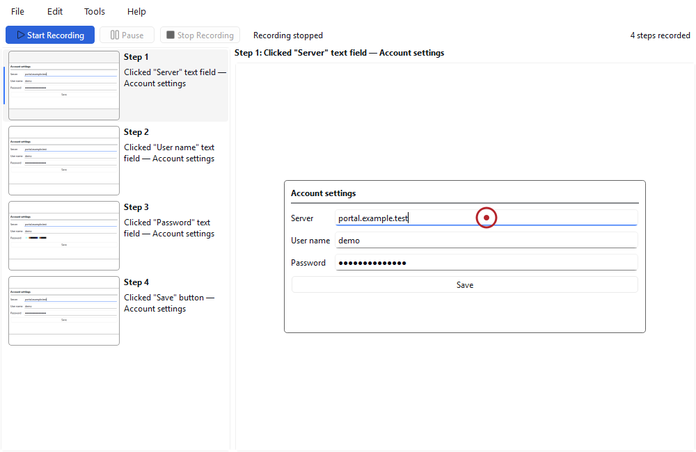 The Howlog main window: the thumbnail step list on the left, the screenshot of the selected step on the right.
