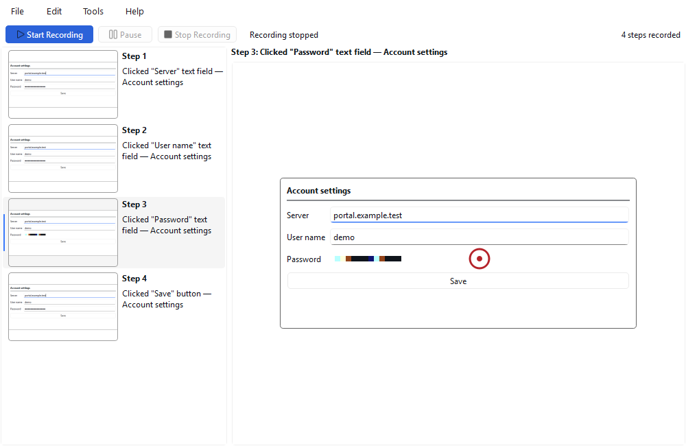 A step where a password field was clicked: the password is pixelated in the screenshot.