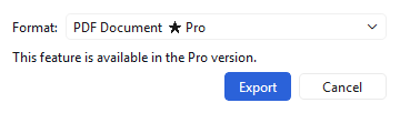 The export dialog: HTML and GIF are free, PDF and Word carry a Pro label.