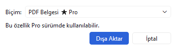 Dışa aktarma penceresi: HTML ve GIF ücretsiz, PDF ve Word Pro etiketli.