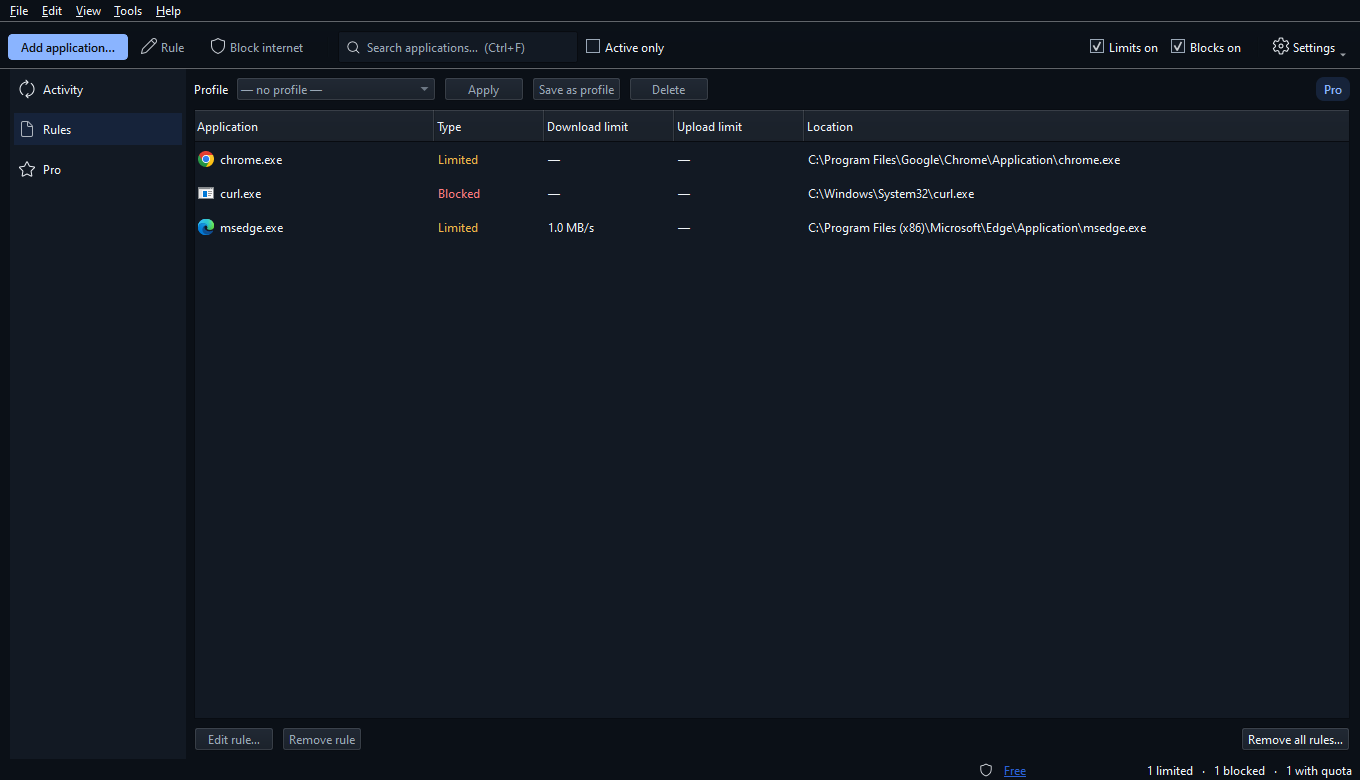 The Rules page in dark theme: limit, block and quota rules in one list
