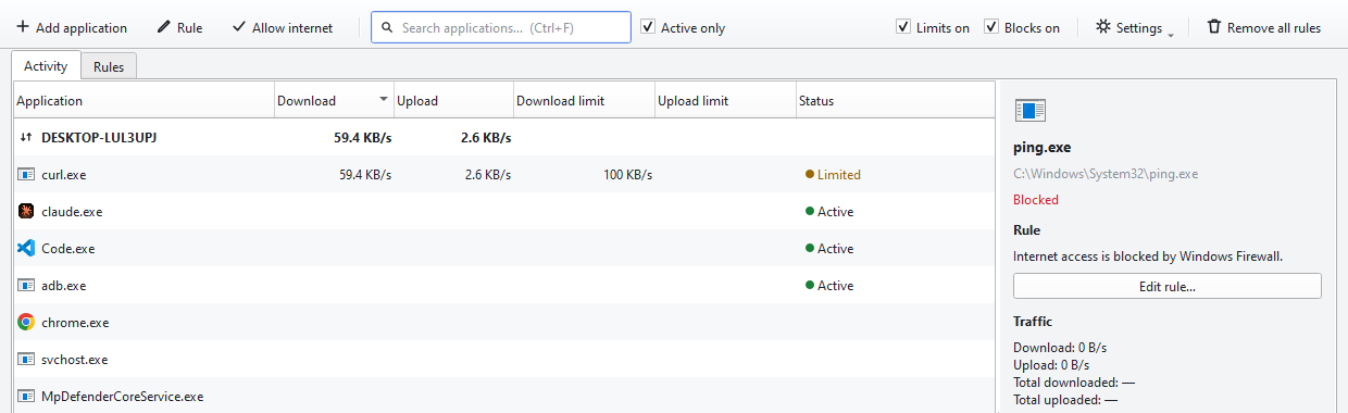 Interlimiter main window: the ping.exe row shows “Blocked” with a red dot