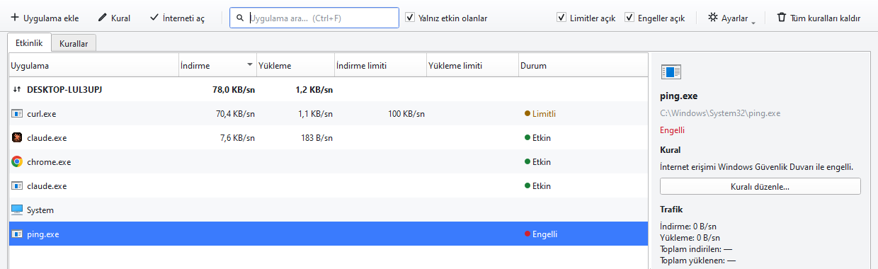Interlimiter ana penceresi: ping.exe satırı kırmızı noktayla “Engelli” görünüyor