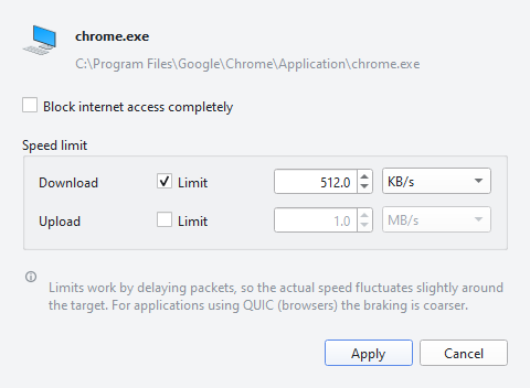 Interlimiter rule window: a 512 KB/s download limit being set for chrome.exe