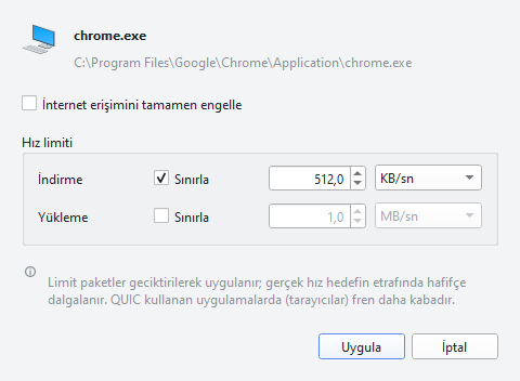 Interlimiter kural penceresi: chrome.exe için indirme limiti 512 KB/sn olarak giriliyor