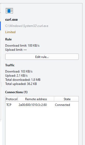 The info panel: the selected program's rule, total traffic and open connections