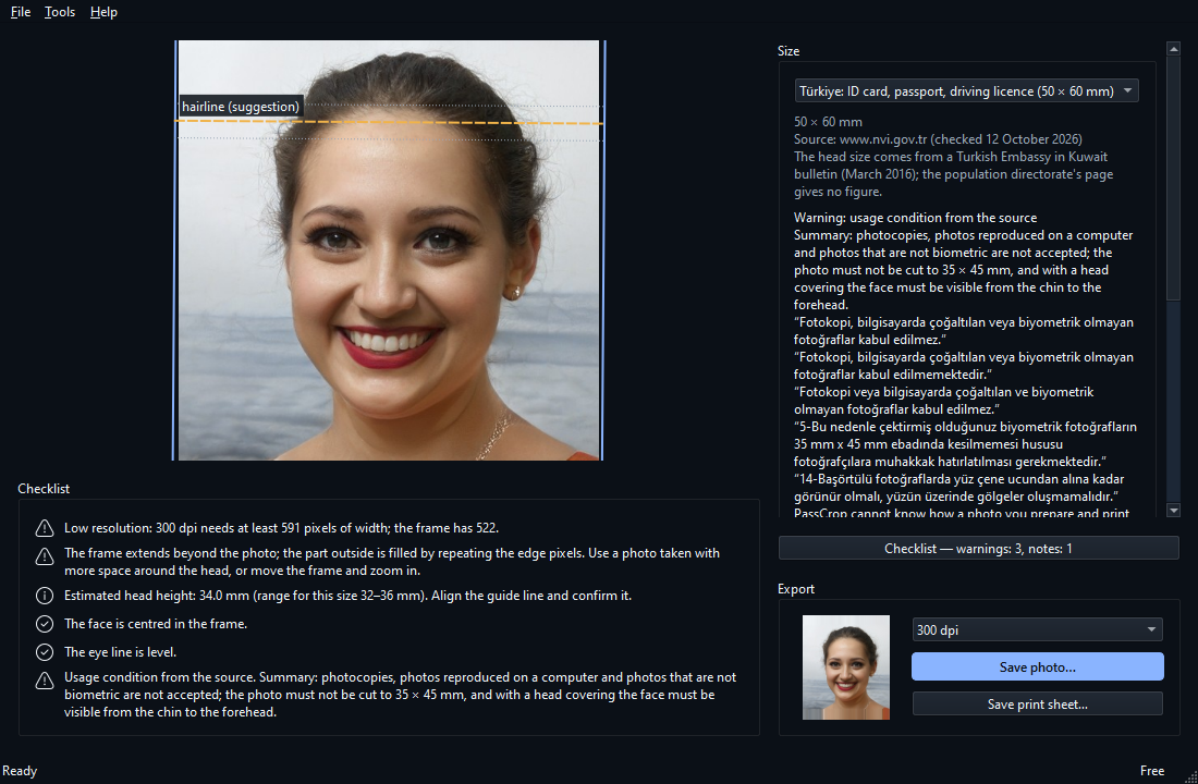 Main window in dark theme: the framed photo and the checklist.