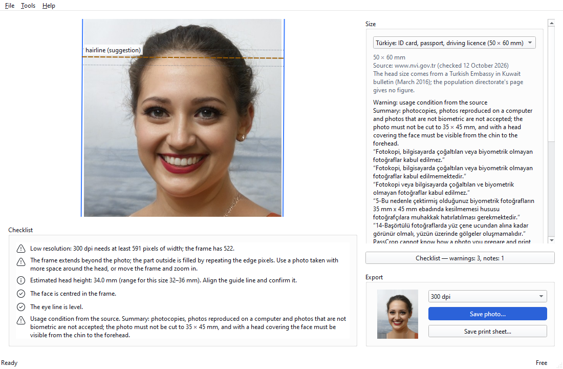 Work window: a sample synthetic-face photo, the size list and the frame; pick the size and check the frame.