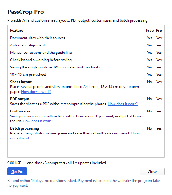 Free and Pro editions side by side: the four features Pro adds.