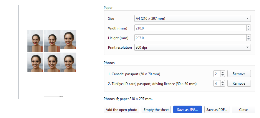 Pro sheet layout: several people and sizes on one A4 sheet.