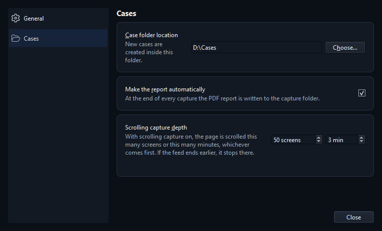 Settings › Cases: case folder, scrolling capture depth and the automatic report option.