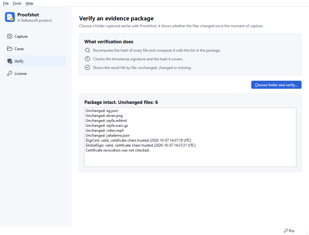 Verification result: every file matches the manifest, the timestamps are valid.