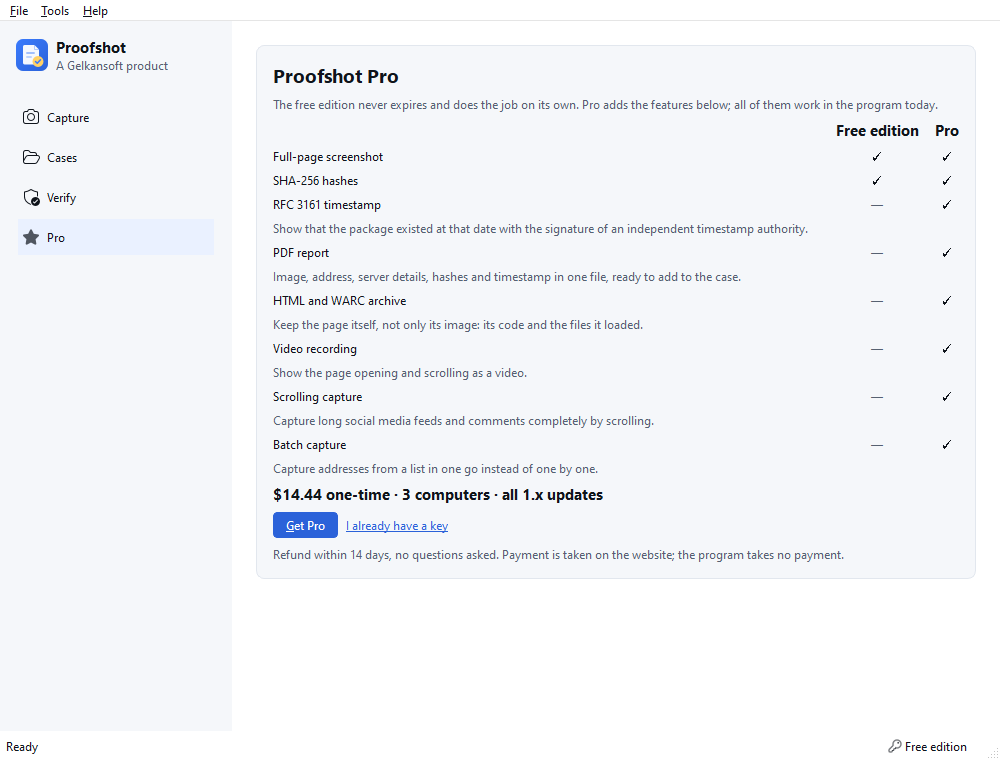 Pro page: Free/Pro comparison, one-time price and the Get Pro button.
