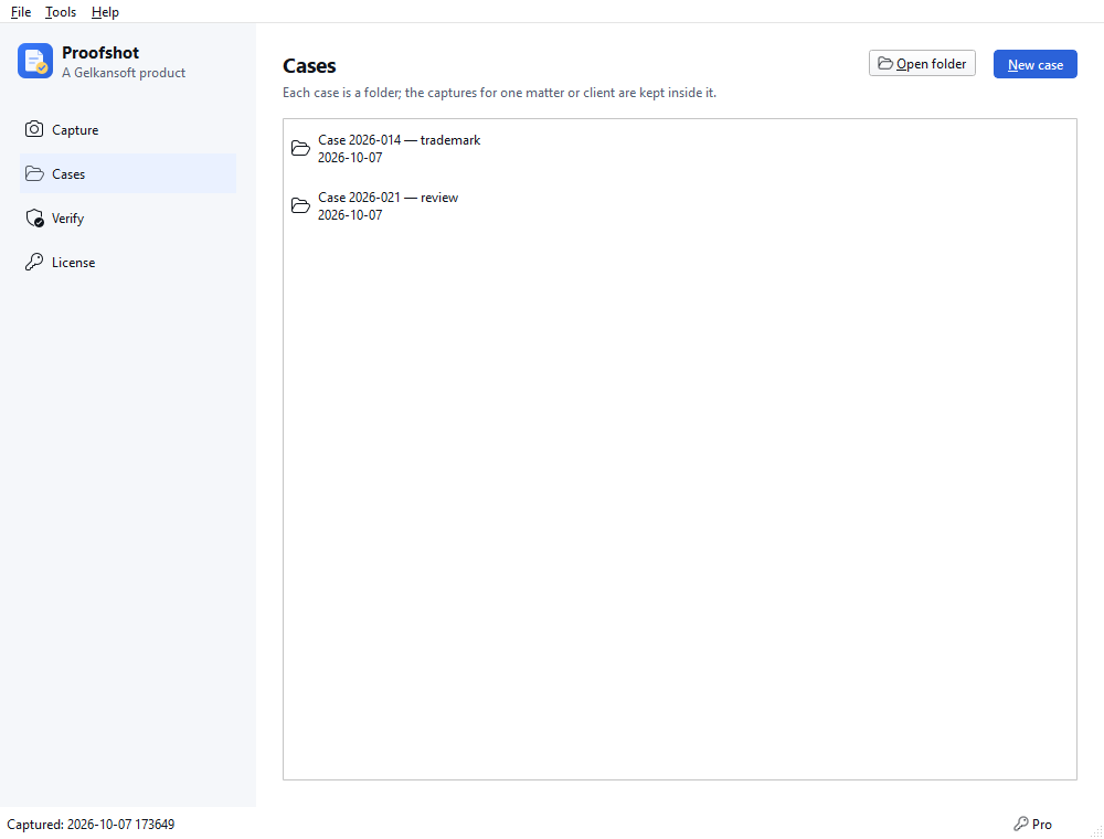 Cases screen: the list of case folders.