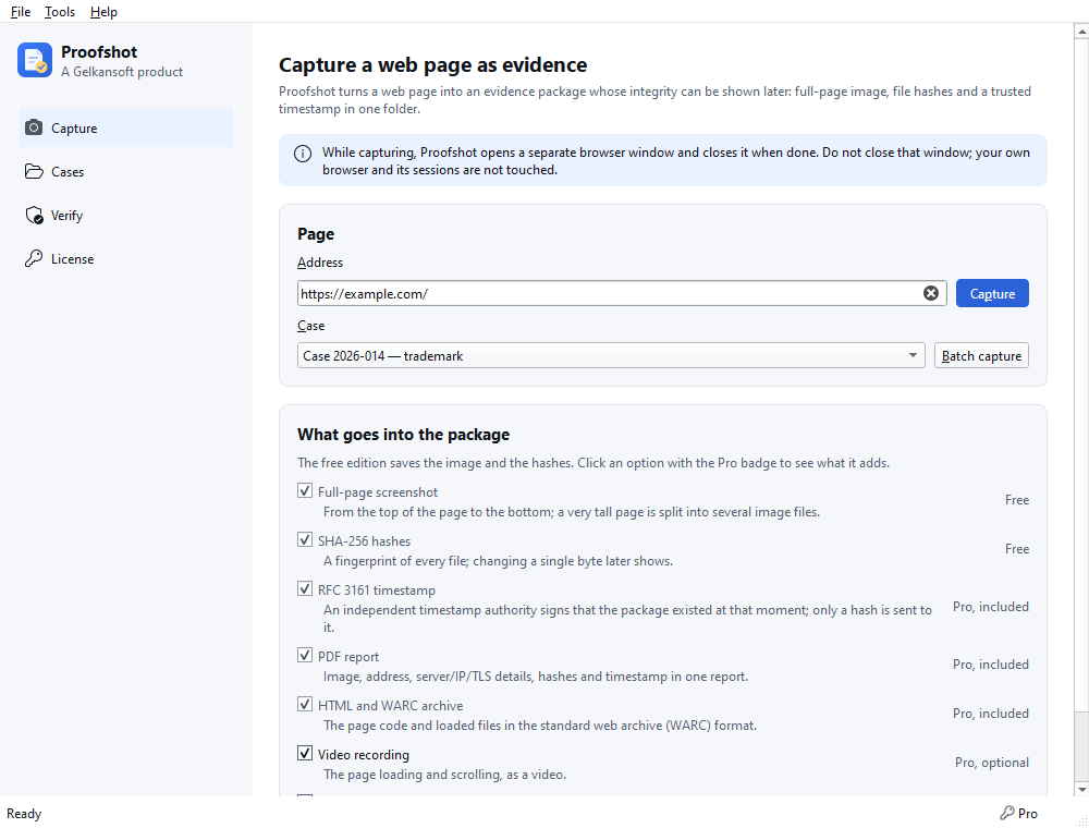 Proofshot Capture screen: address field, case selection and the list of what goes into the package; video recording selected.