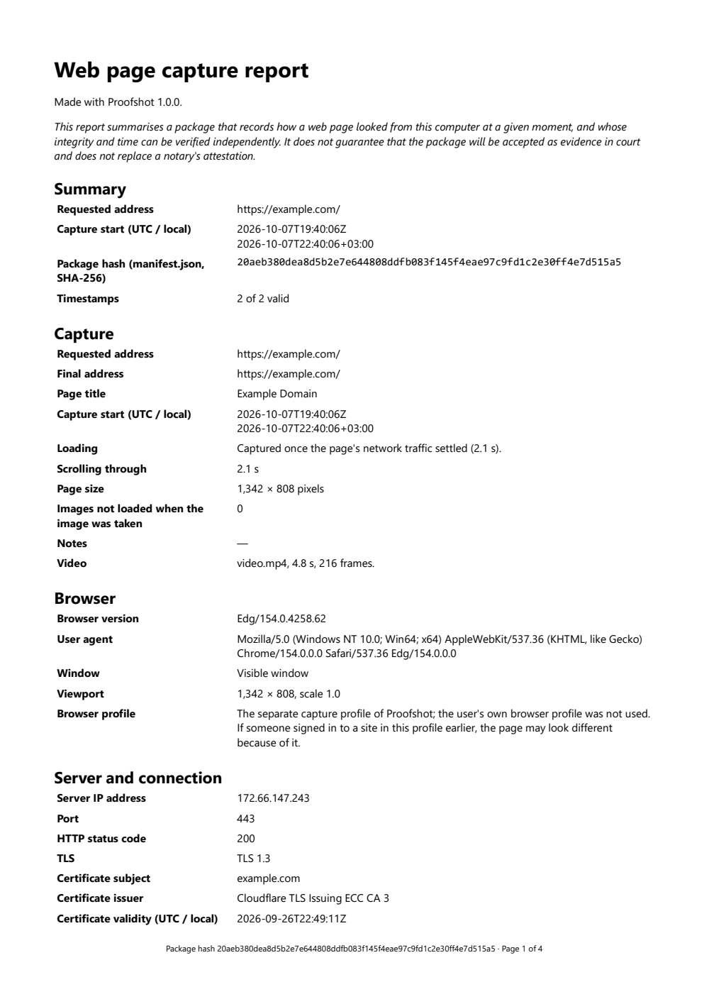 First page of an Proofshot capture report: address, times, server details and timestamps.